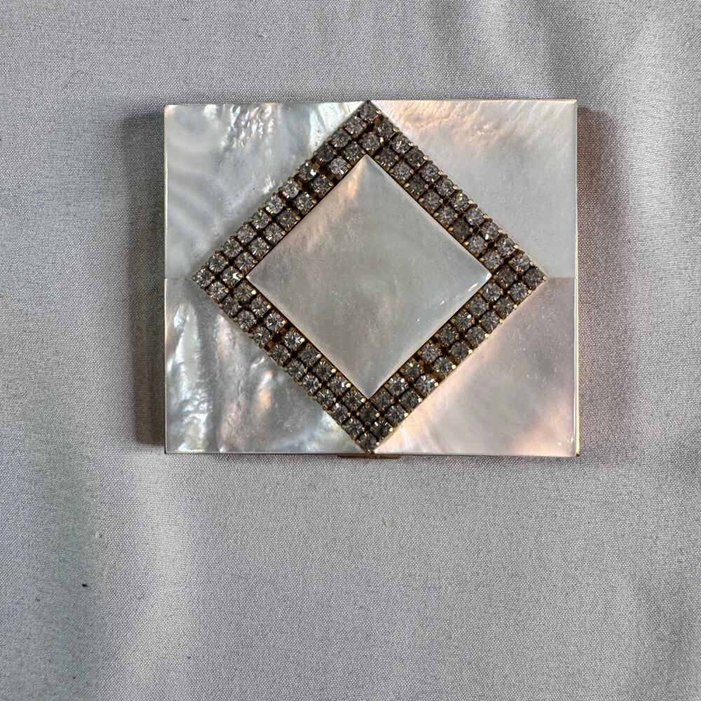 Vintage Mother of Pearl Powder Compact Rhinestone Gold Tone Mirror Puff Unsigned